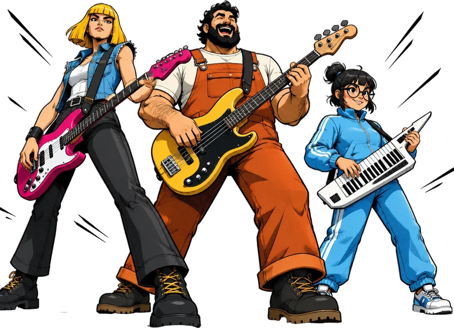 Tiga teman band Tobi: Goldie dengan gitar magenta, Lalo dengan bas, dan Bea dengan keytar putih